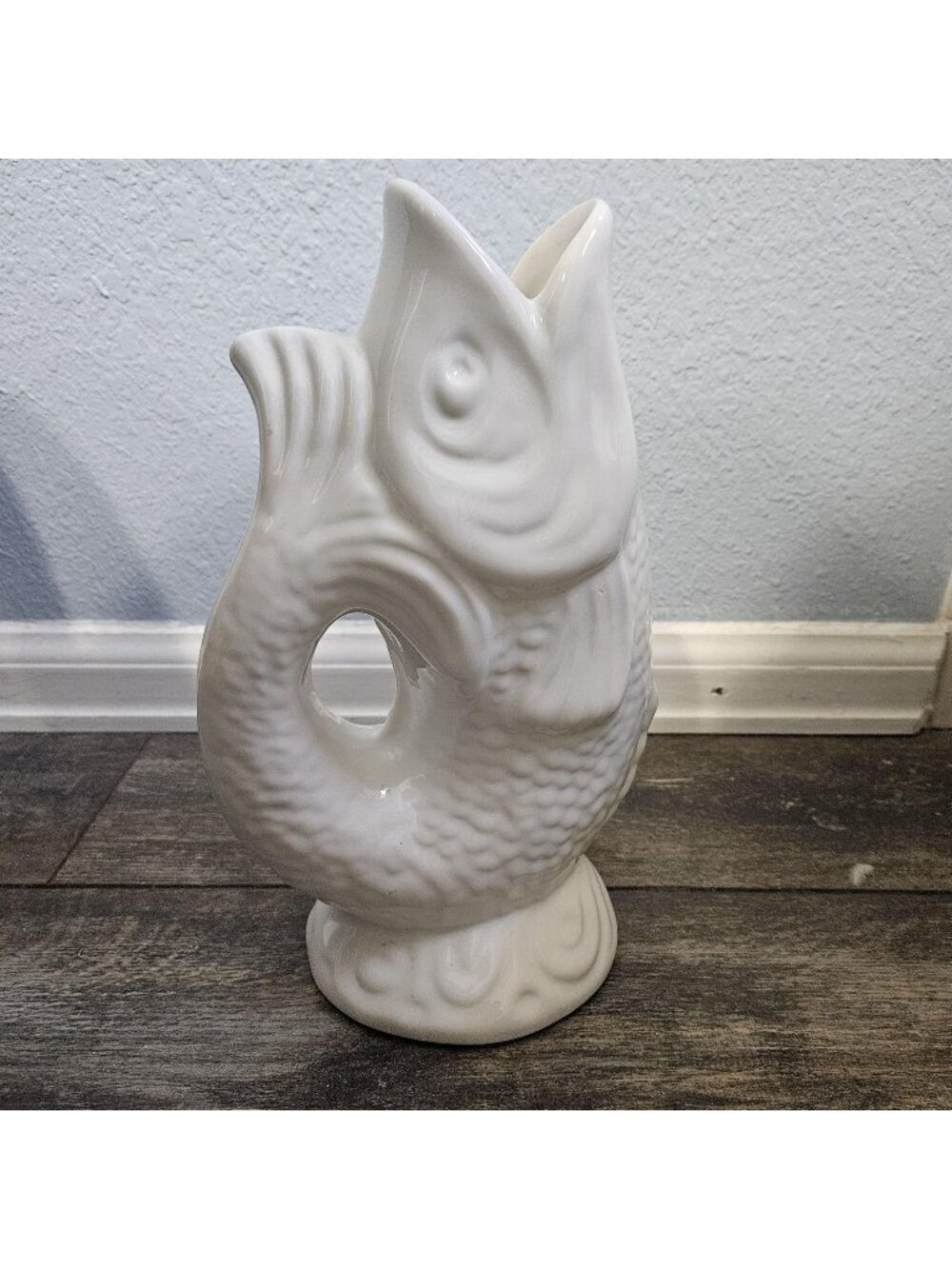 White Fish Koi Vase Pitcher Portugal Ceramic Pottery 10" tall